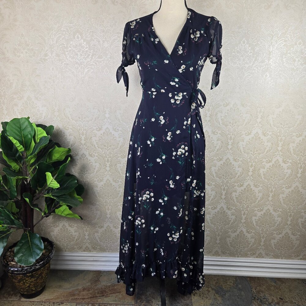 Miami Size Small Navy Blue Floral Print Maxi Wrap Dress Vneck Short Sleeves Tie